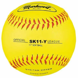 yellow Markwort Synthetic Softball 11" with red stitching on white background