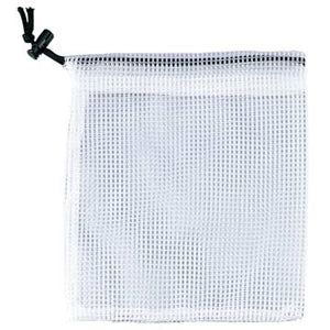 White Mesh Bag with Drawstring - Holds 6 baseballs or 2 softballs on white background