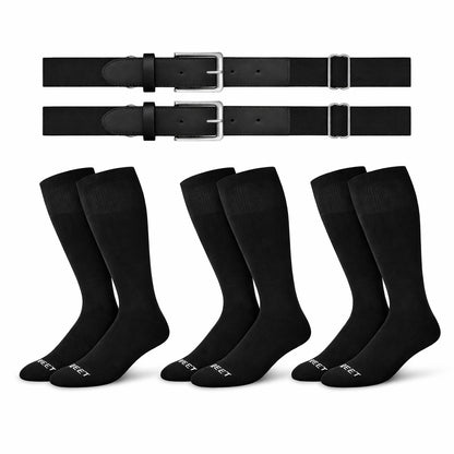 Two belts and three pairs of The sock and belt in  black color on a white background