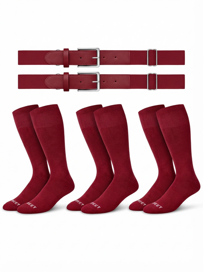Two belts and three pairs of The sock and belt in maroon color on a white background