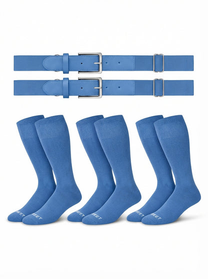 Two belts and three pairs of The sock and belt in blue color on a white background