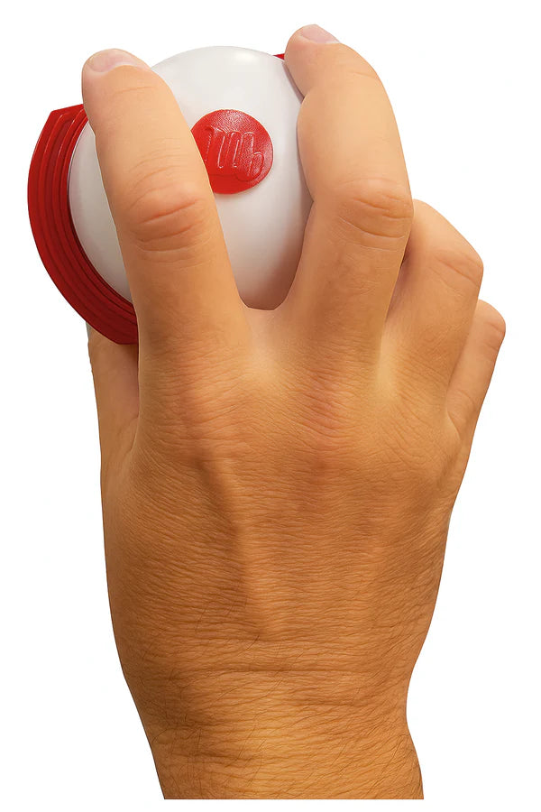 hand holding Big League Curve Baseball in red and white color on white background