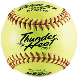 yellow Dudley Thunder Heat WT12 Leather Cover 12" Softball 47/375 with red stitching on white background