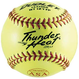 Yellow softball with red stitching on a white background, featuring the brand 'Dudley' and product details. Dudley Thunder Heat WT2 Leather Cover 12 Softball 47/375
