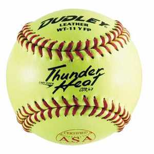 Yellow softball with red stitching and 'Dudley' branding on a white background. Dudley Thunder Heat WT11 Leather Cover 11 Softball