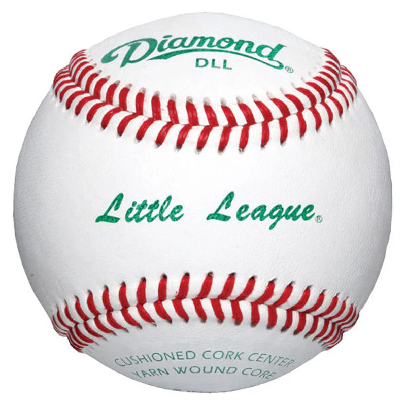 Baseball with red stitching on a white background, featuring 'Diamond' and 'Little League' branding. product name is Diamond Little League Tournament Grade RS-T Baseball