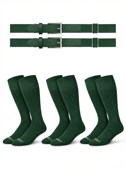 Two belts and three pairs of The sock and belt in forest green color on a white background
