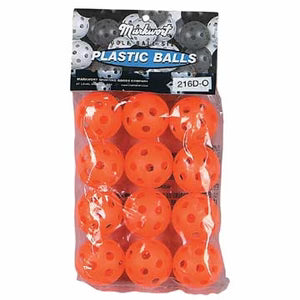 packet of 12 Plastic Golf Balls in orange color on white background
