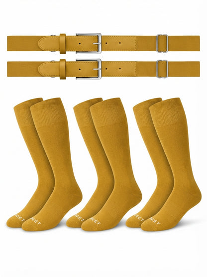 Two belts and three pairs of The sock and belt in gold color on a white background