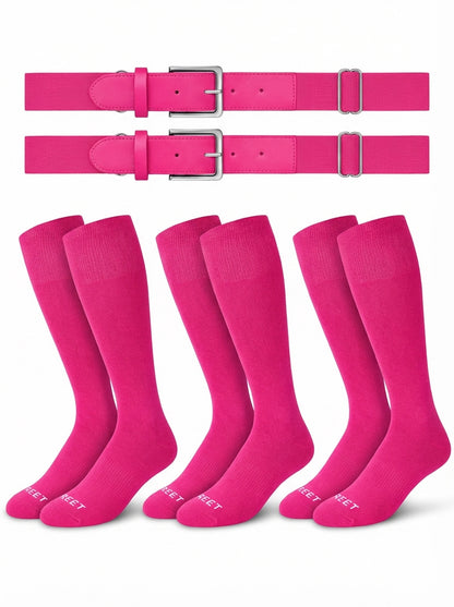 Two belts and three pairs of The sock and belt in hot pink color on a white background