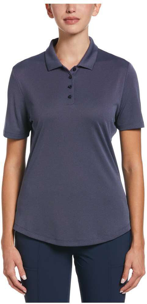 Woman wearing a blue Ladies Oxford polo shirt on a white background