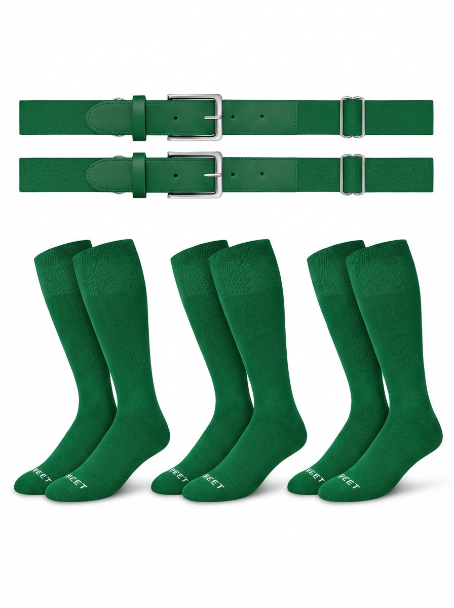 Two belts and three pairs of The sock and belt in kelly green color on a white background