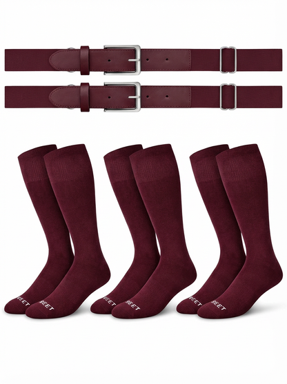 Two belts and three pairs of The sock and belt in maroon  color on a white background