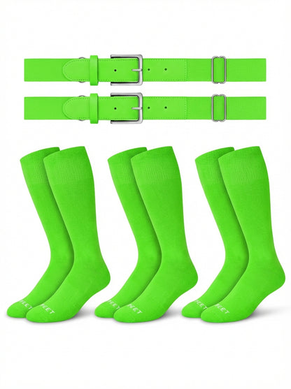 Two belts and three pairs of The sock and belt in neon green color on a white background