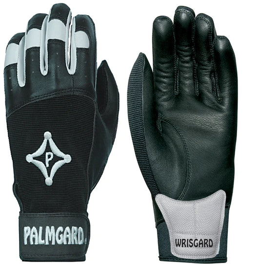 black and grey pair of PalmGardÂ® Glove / Wrist Gard Left Hand on white background