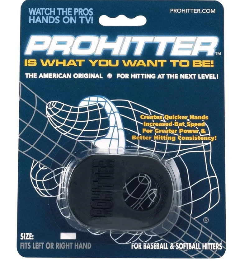 ProHitter Batting Aid packaging with black baseball batting aid on blue background