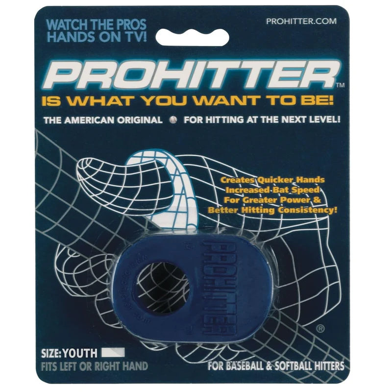 ProHitter Batting Aid packaging with blue baseball batting aid on blue background