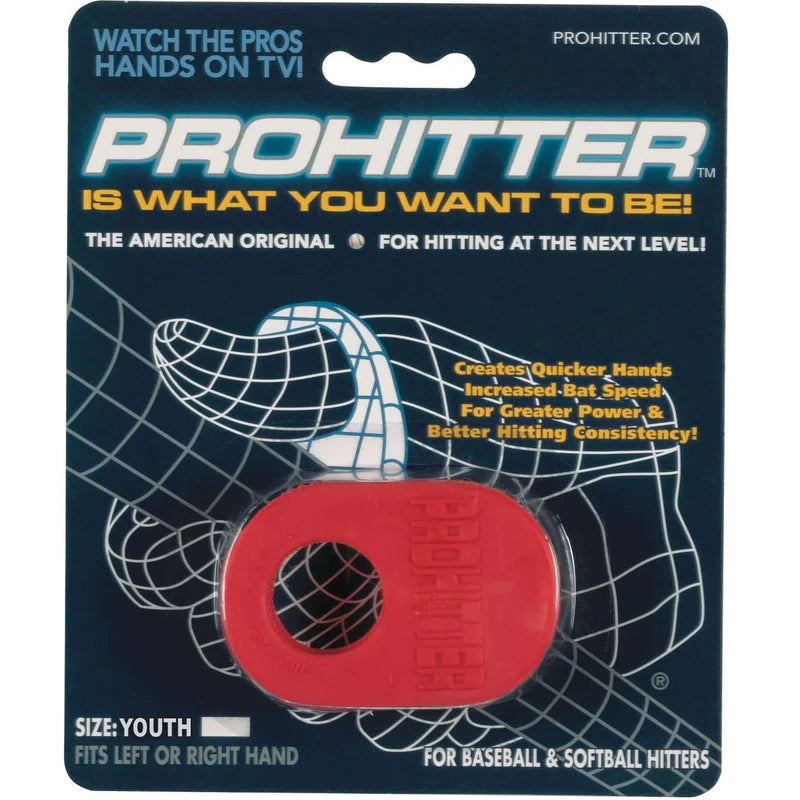 ProHitter Batting Aid packaging with red baseball batting aid on blue background