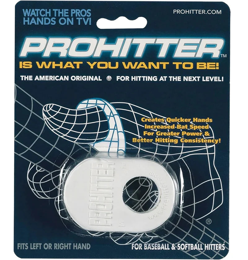 ProHitter Batting Aid packaging with white baseball batting aid on blue background