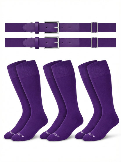 Two belts and three pairs of The sock and belt in purple color on a white background