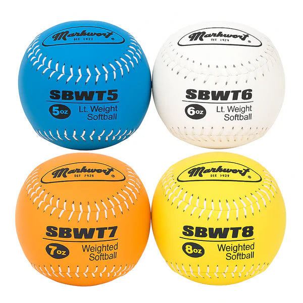 set of four Markwort Weighted Softball Set 5-6-7-8 oz in blue, yellow, white and orange color on white background