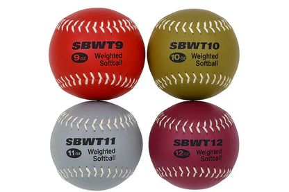 Four Markwort Weighted Softballs in different colors with labels indicating weight and type. weight is 9oz, 10oz, 11oz, 12oz on white background