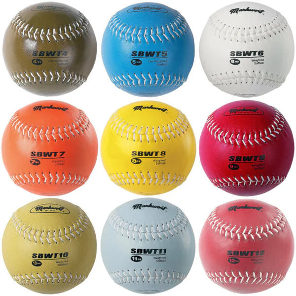 set of 12 colorful Weighted Leather Softball on white background