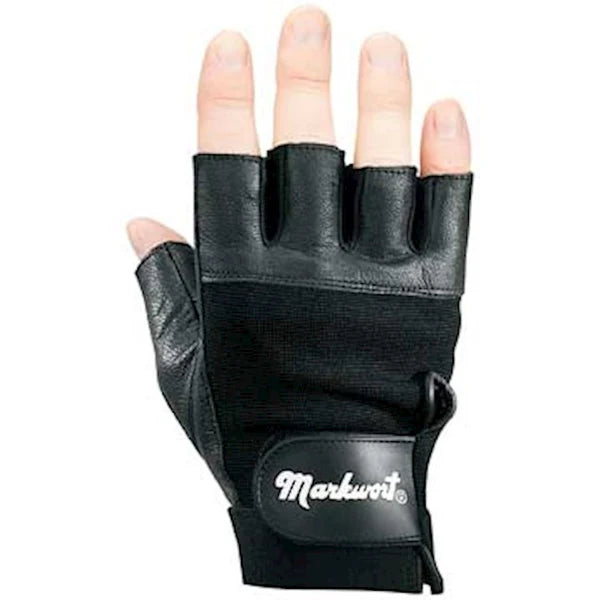 Person's right hand wearing Markwort Weight Lifting Gloves Palm Pad in Black color on a white background