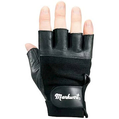 Person's right hand wearing Markwort Weight Lifting Gloves Palm Pad in Black color on a white background