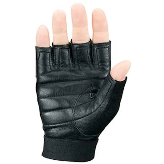 Person's right hand wearing Markwort Weight Lifting Gloves Palm Pad in Black color on a white background