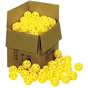 box of 100 yellow Plastic baseballs size 9 on white background