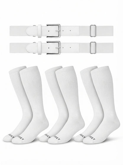 Two belts and three pairs of The sock and belt in white color on a white background