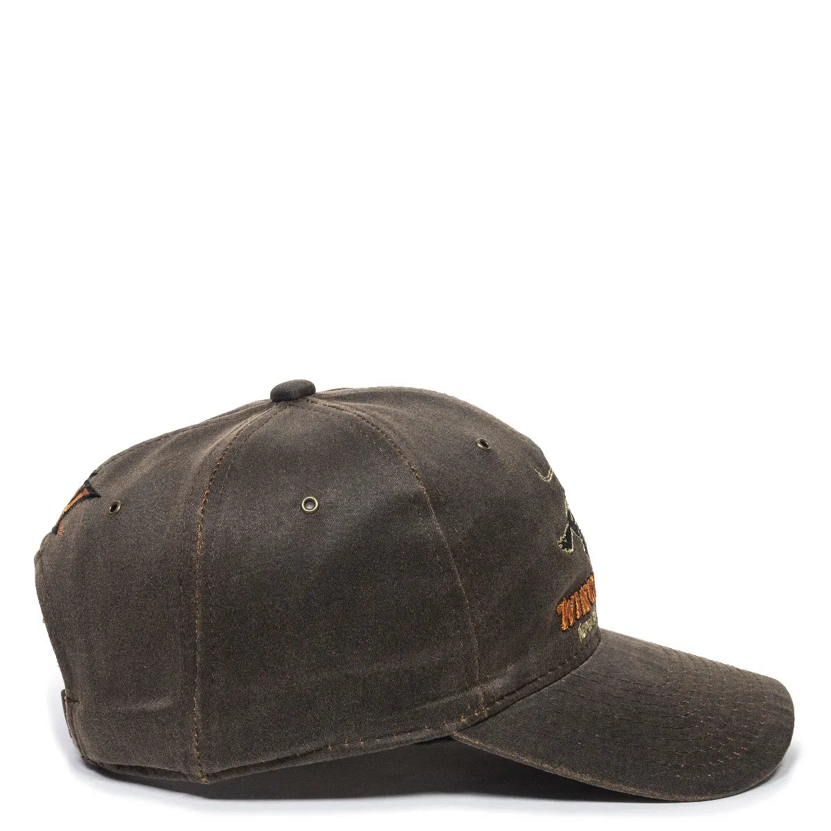 Brown WIN23A-Dark Brown cap with a logo on a white background