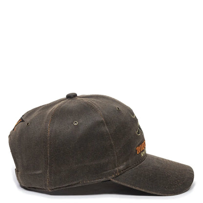 Brown WIN23A-Dark Brown cap with a logo on a white background