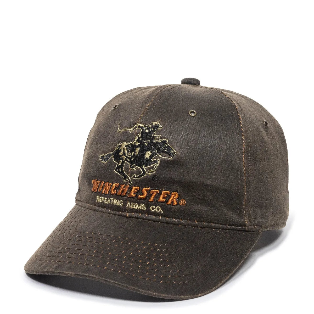 Brown WIN23A-Dark Brown cap with Winchester logo on a white background