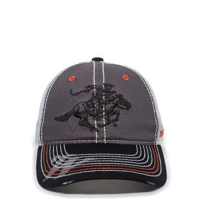 Gray WIN35B-LtGrey/Black cap with a horse and rider emblem on a white background