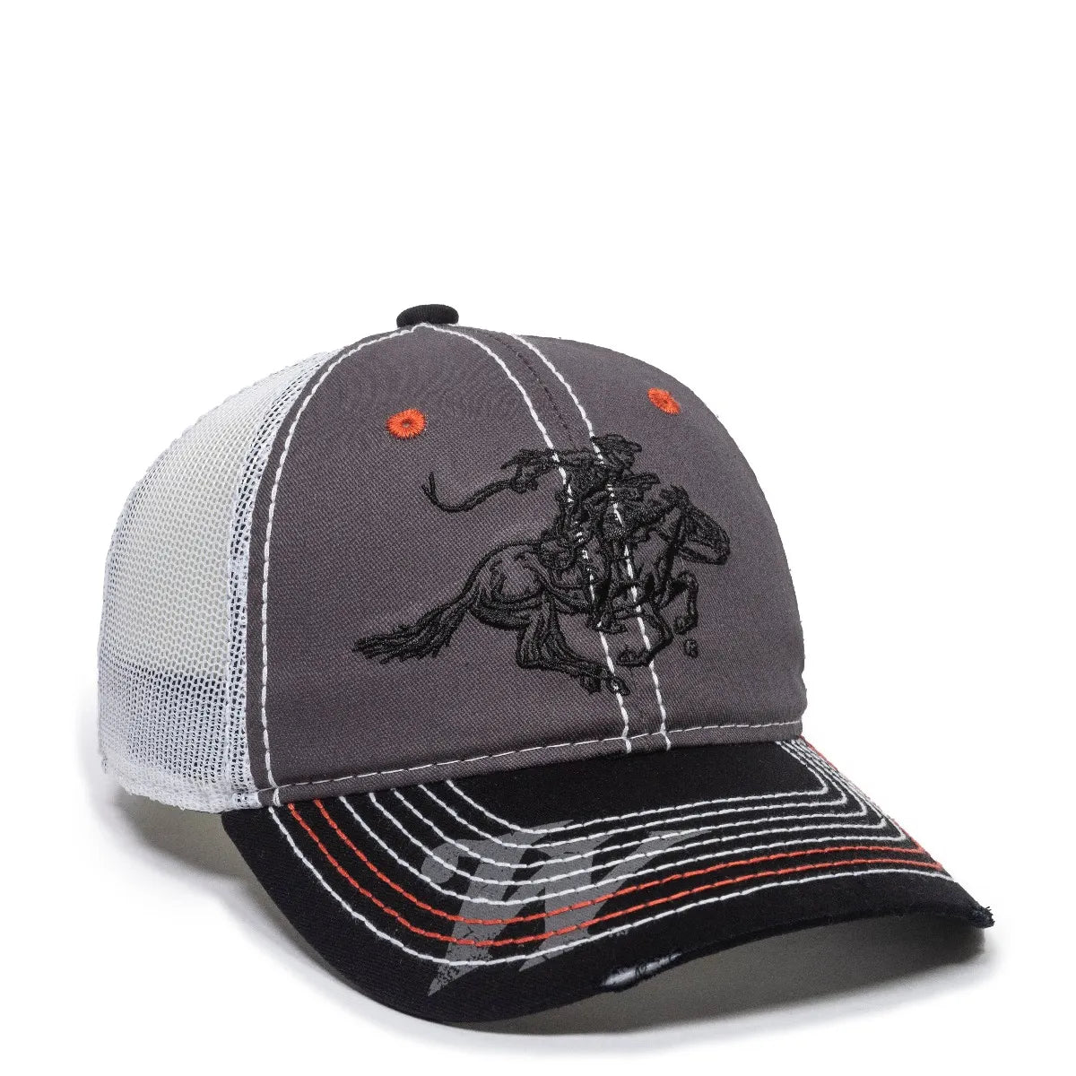 Gray and black Win35B cap with a horse design on a white background