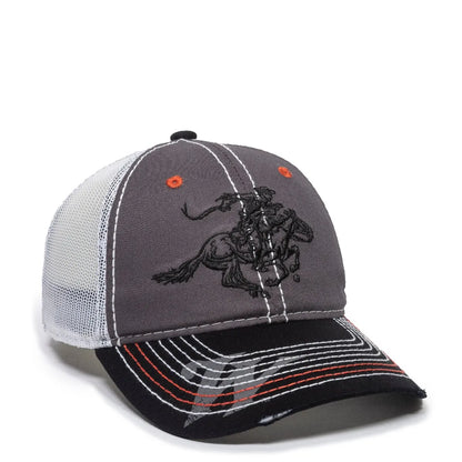 Gray and black Win35B cap with a horse design on a white background