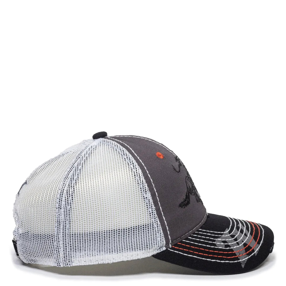 Trucker win35b hat with gray and black design on a white background