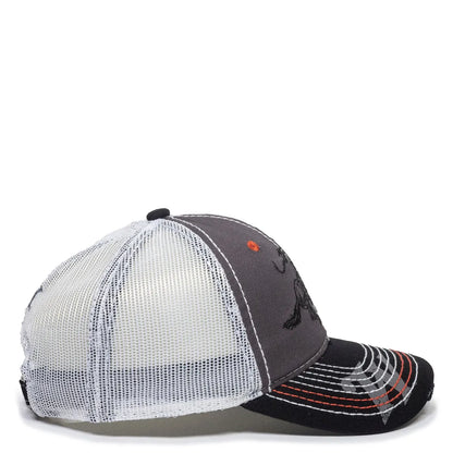 Trucker win35b hat with gray and black design on a white background