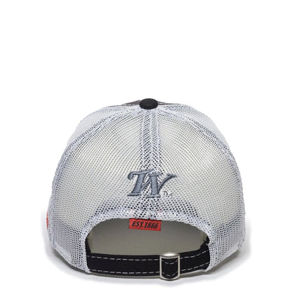 Back view of a white mesh WIN35B-LtGrey/Black cap with black brim and logo on a white background