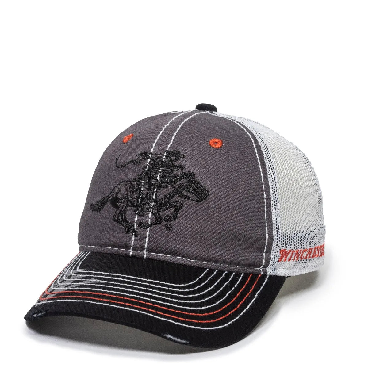 Gray and white WIN35B-LtGrey/Black cap with embroidered design on a white background