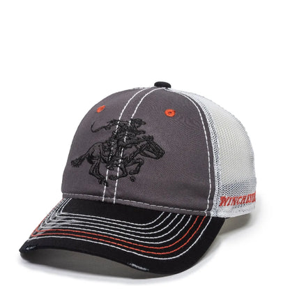 Gray and white WIN35B-LtGrey/Black cap with embroidered design on a white background